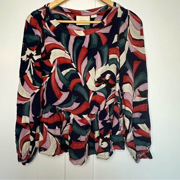 Maeve Anthropologie Cheyenne Bird Print Peplum Top blouse small artistic bold - Picture 1 of 9